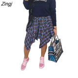 Women Plaid Print Irregular High Waist Knee Length Skirts 2023 Summer Holiday Streetwear Lace Up Waist