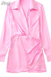 Pink Satin Dress Woman Wrap Short Dresses For Women 2023 Long Sleeve Mini White Dress Lady Fashion Elegant Party