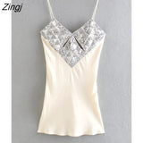 Women Sexy Sequined Pathcwork Soft Satin Sling Mini Dress Ladies Chic Backless Slim Party Vestidos Mujer