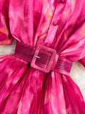 Women Vintage Tie Dye Printed Ruffle Pleated Long Dress Purple/Red/Blue/Green Stand Collar Single Breasted Maxi Robe