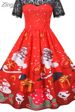 Christmas Dress Women 2023 New Short Sleeve Print High Waist Elegant Vintage Winter Xmas Party Sundress 3XL