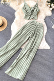 Women Pleated Two Piece Set Sexy Female Criss Cross Twist Strap Tops + High Waist Draped Pants Beach Suits Vacation