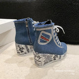 Slopes And High-Top Canvas Shoes Women's Round Head English Newspaper With Breathable Single