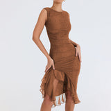 Zingj Women's Fashion Net Gauze Slim Show Back Solid Color Temperament Sexy Dress