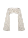 Women's White Knitted Sweater Korean Harajuku Hollow Out Vintage Casual O-Neck Loose Long Sleeved Jumpers Pullover Crop Top