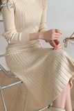 Drawstring Sweater Midi Dresses Ladies O-neck Elegant Knitted Bodycon Dress Vestido Korean Spaghetti Winter Autumn