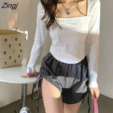 Sleeve T-shirts Women New Arrive Design Cropped Autumn Sexy Square Collar Solid Simple Inside All Match Ulzzang Daily
