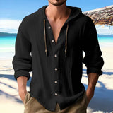New Fashion Spring And Summer Men's Hooded Shirt Solid Cotton And Cotton Leisure Long-Sleeved