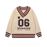 Brown V-neck Letter Print Oversize Sweater- Outfit