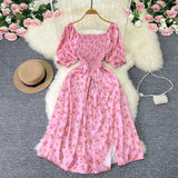 Zingj New French Gentle Wind Sweet Square Collar Bubble Short Sleeve Waist Show Thin Slit A-Word