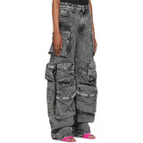 Zingj Spring And Autumn New Fashion Smoke Gray Splicing Multi-Pocket Cargo Pants Street Water To Make Old Long Wide-Leg