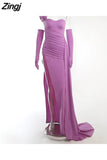 Partywear Floor Dress Women One Shoulder Folds Patchwork High Split Elegant Sexy Nighclub Christmas Dress