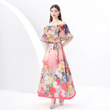 Wind Shoulder Lotus Leaf Side Bright Silk Print Dress Girl Spring Waist Temperament Big Chiffon Long