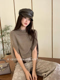 Xixi 2025 Autumn New White Standard Temperament High-Neck Solid Color Knit Shirt Short-Sleeve Top Lady