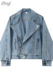 Jacket For Women Thick Vintage Locomotive Lapel Zippers Jacket Fashion Streetwear Hip Hop Loose Casual All-match Denim