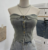With Chest Cushions Denim Bra Sleeveless Top Single Buckle One-Pack Short Vest