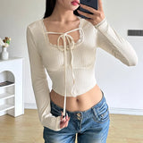 French Maiden Style Square Collar Bow Tie T-Shirt Sexy Short Navel Long-Sleeved