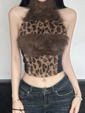 Cloth Forget Hot Leopard Hair Spliced High-Neck Digging Shoulder Vest Hot Girl Thin Waist High Collar