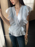 Xixi 13 Lines 2025 Summer New Korean Version Of Temperament Chiffon Shirt V-Necked Leaf Sleeve Top Female