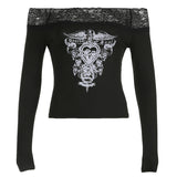 Retro Prints Sexy Body-Repair Lace Spliced Shoulder Long-Sleeved T-Shirt Blouse
