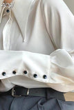 Vintage Satin Silk Women Shirt Turn Down Collar Woman Loose Blouse White Long Sleeve Shirts Blusas Office Lady Tops