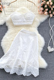 Bohemian Hollow Out 2pcs Set Women Sexy V-Neck Spaghetti Strap Short Tops + High Waist Ruffle Mini Skirt Female Suit