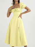 Off Shoulder Dress Women Puff Short Sleeve White Dresses Female Cut out Tie up Side Split Ruched Elegant Long