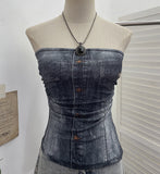 Shooting Denimed Tie-Dye Printing Mesh Yarn Tectar Tset With Chest Cushion Anti-Slip Vest Short Top