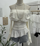 Ballet Style Shoulder Fold Texture Texture Coat Irregularly Ribbon Horn Sleeve Short Shirt