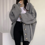 Chic Autumn And Winter Leisure Lazy Wind V-Neck Single Buckle Loose Lantern Sleeve Knitted Sweater Coat