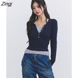 Sleeve T-shirts Women Simple Vintage Slim Patchwork Designed Cropped Office Ladies BF Streetwear All-match Casual Tops
