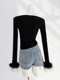 Zingj Thousand Years Royal Sister Wind Black Hot Jacket Early Spring U Collar Slim Thin Feathers Long Sleeve Bottom
