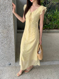 Xixi 2025 Summer New Korean Version Of High-Waisted Vacation Sleeveless Dress V-Neck Print Pure Desire Skirt