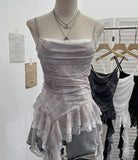 Irregular Lace Splicing Hem With Lotus Slings With Lotus Slings Waist Yarn Top