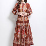 Court Print Flip Lantern Sleeves To Close Waist Single Buckle Dress Women Thin Elegant Long