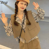 Women Pocket Sexy Fashion Design Casual Outfits Autumn New Ins French Style Two Pieces Vest Outwear Leopard Shirt