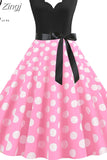 Dot Print Vintage Women Summer Dress Black Patchwork Sleeveless V neck Elegant Party Dresses Casual Robe