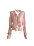 Women's Pink Blouse Shirt Long Sleeve Tops 2023 Korean Fashion Shirt Y2k Loose V-Neck Floral Shirt Ladies Chic Elegant