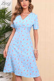 Women Floral Print Midi Dress Summer Chiffon Elegant V-neck Slim A Line Dress Short Sleeve Ladies Holiday Beach