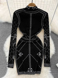 Autumn Women Gold/Silver Rivet Bodycon Party Dress Vintage Stand Collar Long Sleeve Sheath Slim Black Vestidos