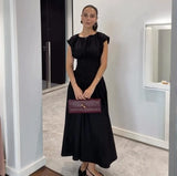 New Sweet Pure Want To Collect Waist Thin A Word French Girl Folds Splicing Short Sleeve Long Dress