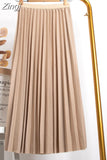 Women Elegant Long Pleated Skirts Spring Autumn Classic High Waist Solid Vintage Saias Midi