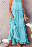 Casual Long Dress Women Summer Female Ruffle Pullover Beach Dresses Ladies Elegant Sleeveless Hollow Tie-Up Party