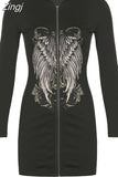 Gothic Grunge Fairycore Wings Printed Graphic Zipper Hooded Bodycon Dress Women Dark Academia Autumn Mini Dresses