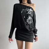 Dark Black Style Retro Print Irregular Design Slanted Shoulder Skirt Street Personality Loose Thin