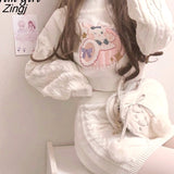 Piece Set Sweet Lolita Style Skirt Sets O-Neck Full Sleeve Casual Crop Tops Kawaii Embroidery Sweaters +Mini Knitted