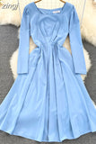 Vintage Women Square Collar Midi Dress Elegant Green/Pink/Red High Waist Slim Draped Big Swing Vestidos Female Robe
