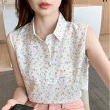 Women's Blouse Floral Elegant Shirt Sleeveless Tank Tops Blouses Chiffon Female Clothing Office Lady Shirts and