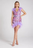 New Luxury Feather Flash Drill Sexy V-Neck Sleeveless Purple Dress Light Luxury Party