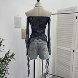 Shot Raging Butterfly Embroidery Y2k Babes Punk Word Shoulder Tie-Dye Mesh T-Shirt With Short Top